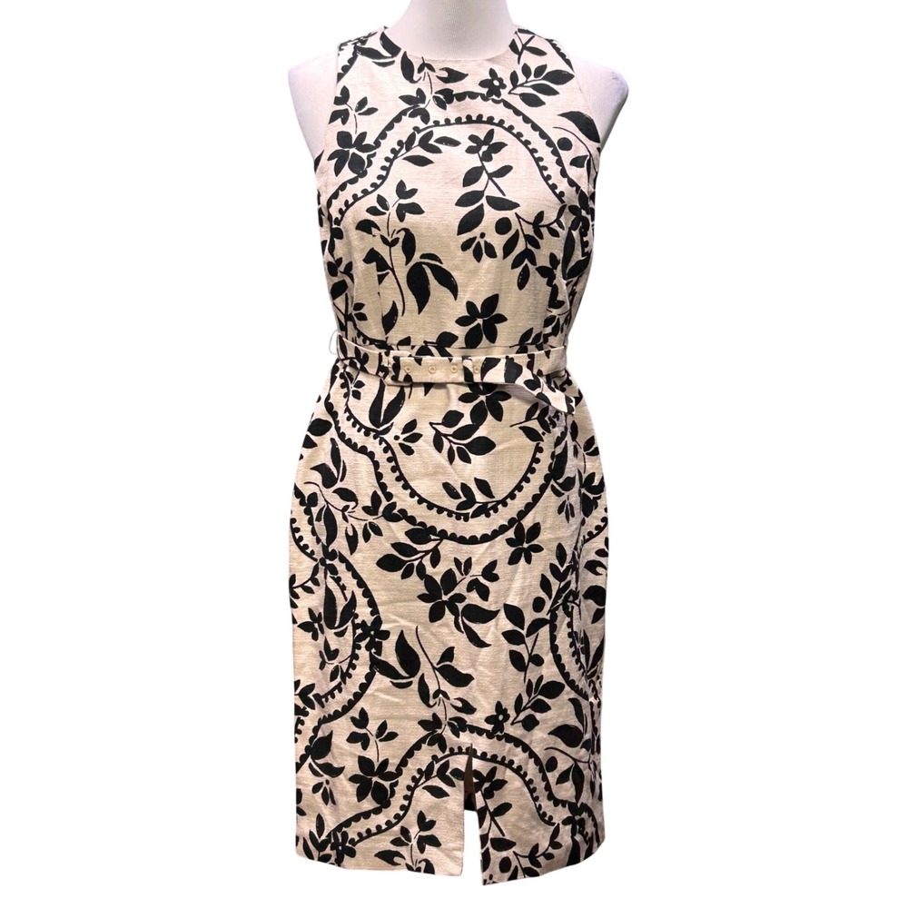 Ann Taylor Petite Sheath Dress Women 6P Black White Floral Sleeveless Belted